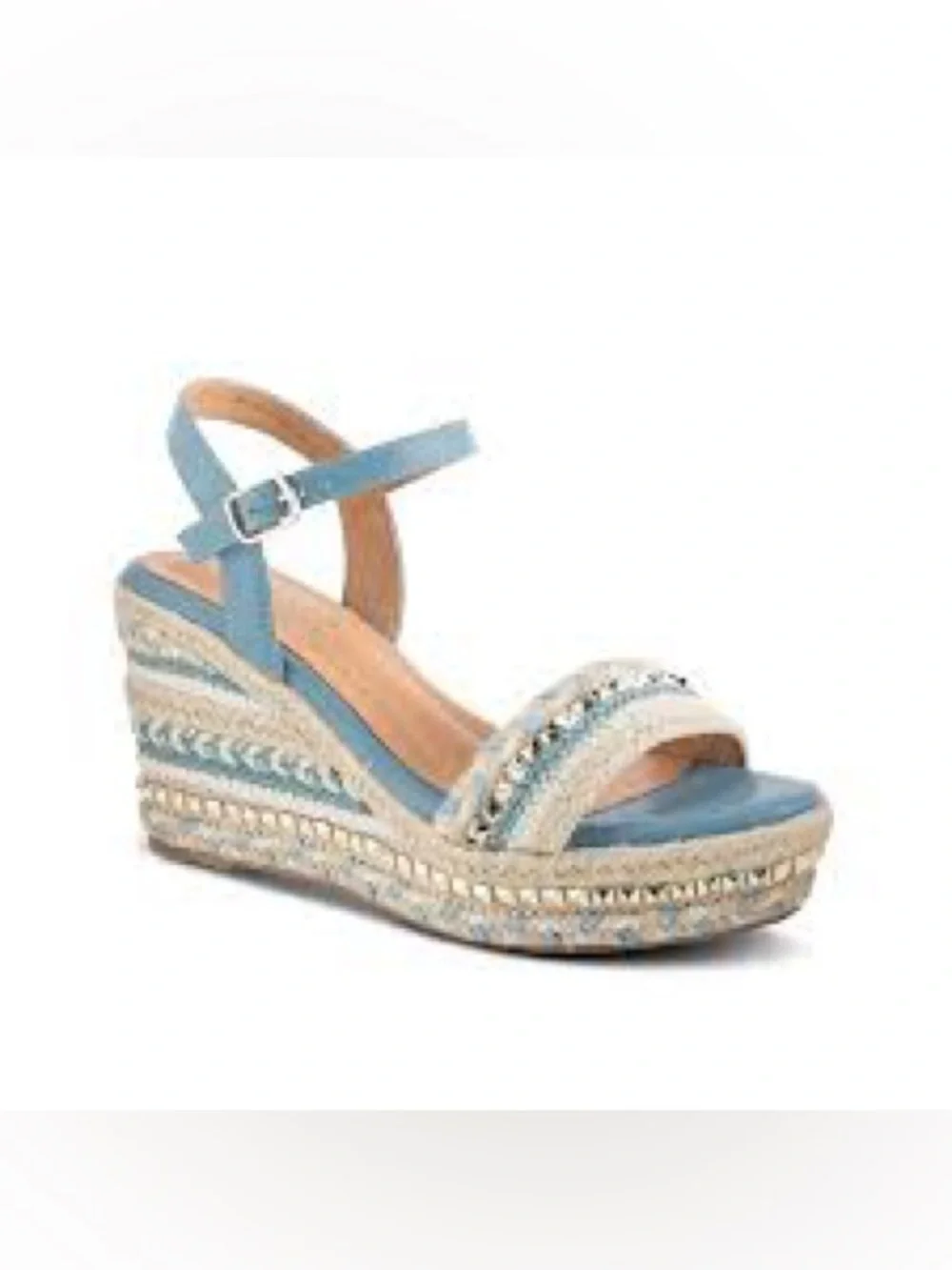 Patrizia by Spring Step Embellished Espadrille Wedge Sandal Blue Cream Size 41